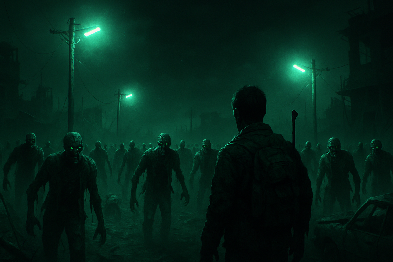 7 Days to Die — Post-apocalyptic wasteland with ghost green emergency lights