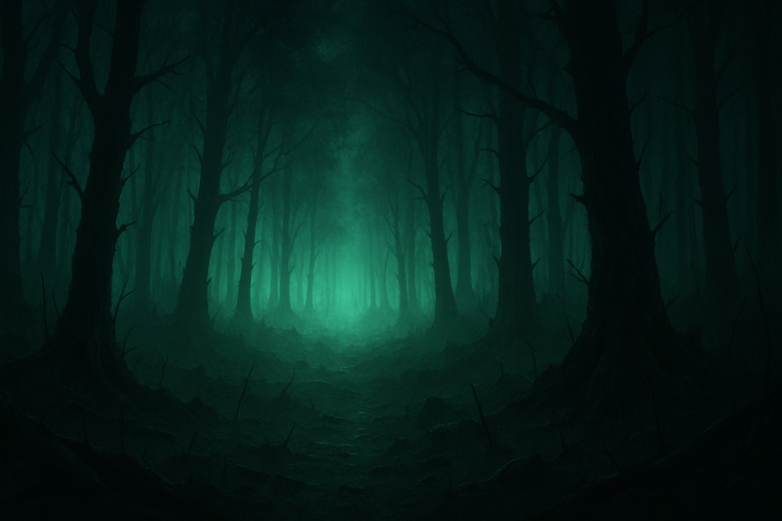 Enshrouded — Dark fantasy forest with ghost green ethereal light