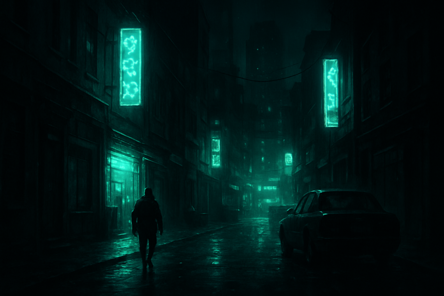 GTA V — Dark cinematic cityscape at night with ghost green neon glow