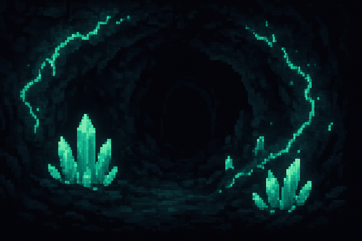 Minecraft — Dark cave with ghost green crystals and bioluminescent ore veins