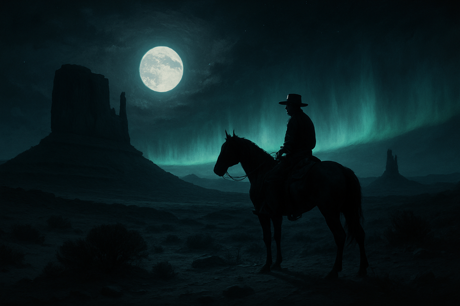 Red Dead Online — Moonlit western desert with ghost green aurora