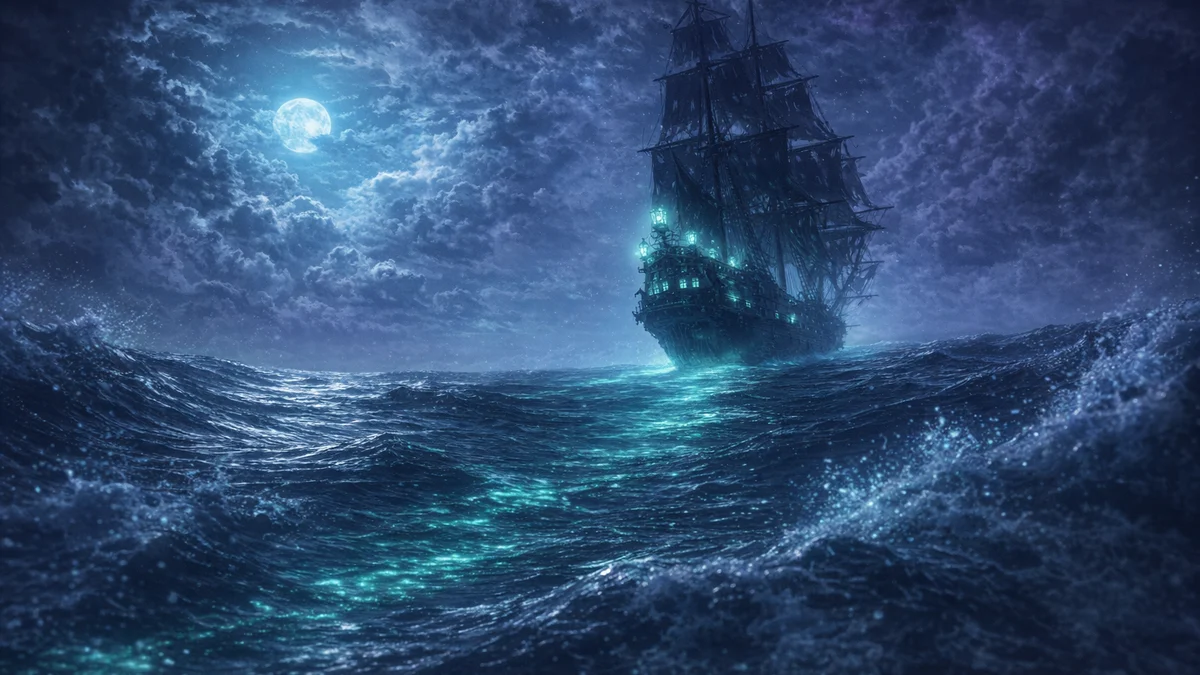 Sea of Thieves — Dark stormy ocean with ghost green phosphorescent waves and pirate ship