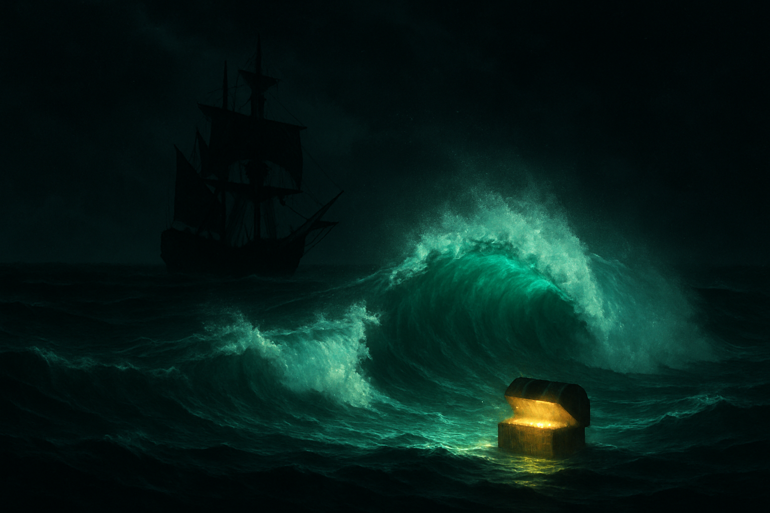 Sea of Thieves — Dark stormy ocean with ghost green phosphorescent waves and pirate ship